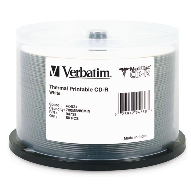 Verbatim MediDisc CD-R 80MIN 700MB 52x White Thermal Printable 50pk Spindle 94738