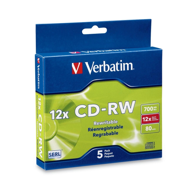 Verbatim CD-RW 80MIN 700MB 4x-12x High Speed 5pk Slim Case 95157