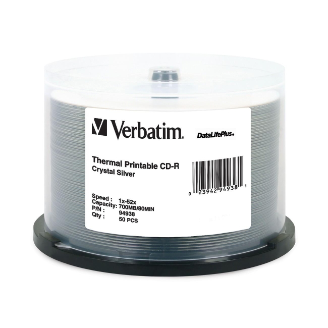 Verbatim CD-R 80MIN 700MB 52x DataLifePlus, Crystal Thermal Printable 50pk Spindle 94938
