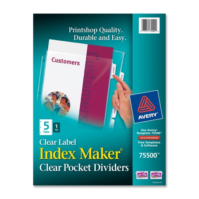 Avery Index Maker 5-Tab Clear Pocket View Dividers 75500 AVE75500