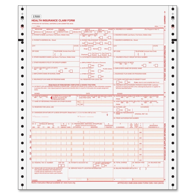 TOPS HCFA Claim Forms Without Sensor Bar 50124R TOP50124R