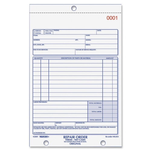 Rediform Repair Order Form Book 4L454 RED4L454