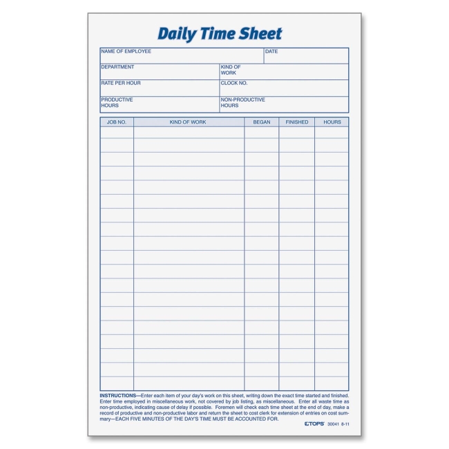 TOPS Daily Time Sheet Form 30041 TOP30041