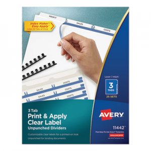 Avery Print and Apply Index Maker Clear Label Unpunched Dividers, 3-Tab, Ltr, 25 Sets AVE11442 11442