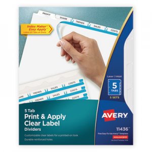 Avery Print & Apply Clear Label Dividers w/White Tabs, 5-Tab, Letter, 5 Sets AVE11436 11436