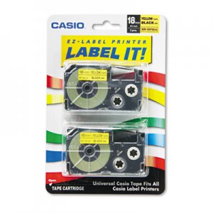Casio Tape Cassettes for KL Label Makers, 18mm x 26ft, Black on Yellow, 2/Pack CSOXR18YW2S XR18YW2S