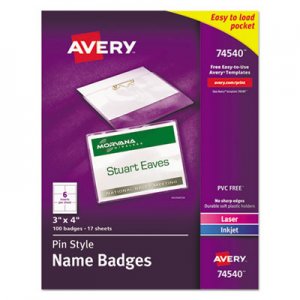 Avery Pin-Style Name Badge Holders w/Inserts, Top Load, 3 x 4, White, 100/Box AVE74540 74540