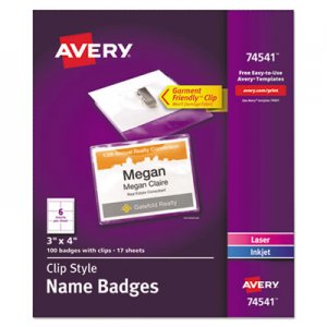 Avery Clip-Style Name Badge Holders w/Inserts, Top Load, 3 x 4, White, 100/Box AVE74541 74541