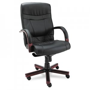 Alera Madaris Series High-Back Knee Tilt Leather Chair w/Wood Trim, Black/Mahogany MA41LS10M ALEMA41LS10M