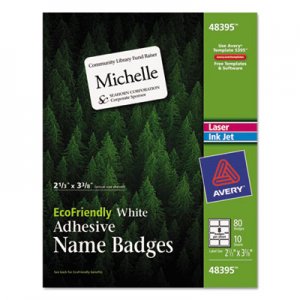 Avery EcoFriendly Adhesive Name Badge Labels, 2 1/3 x 3 3/8, White, 80/Pack AVE48395 48395