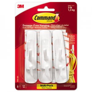 Command General Purpose Hooks, Medium, 3lb Cap, White, 6 Hooks & 12 Strips/Pack 17001-VP-6PK MMM17001VP6PK