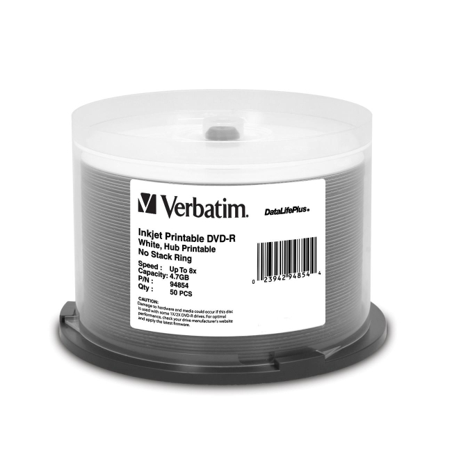 Verbatim DVD-R 4.7GB 8x DataLifePlus White Inkjet Hub Printable, 50pk Spindle 94854