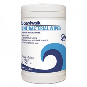 Boardwalk Antibacterial Wipes, 8 x 5 2/5, Fresh Scent, 75/Canister, 6 Canisters/Carton BWK358W BWK458W