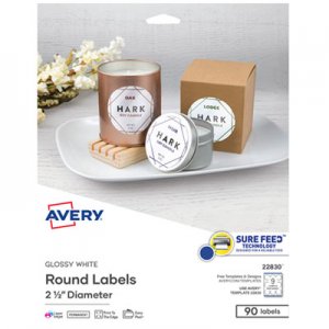 Avery Round True Print Labels, 2 1/2" dia, White, 90/Pack AVE22830 22830