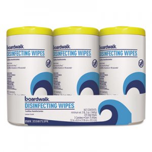 Boardwalk Disinfecting Wipes, 8 x 7, Lemon Scent, 75/Canister, 3 Canisters/Pack BWK355W753PK BWK455W753PK