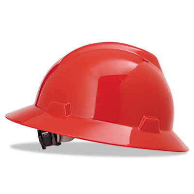MSA V-Gard Full-Brim Hard Hats, Ratchet Suspension, Size 6 1/2 - 8, Red MSA475371 454-475371