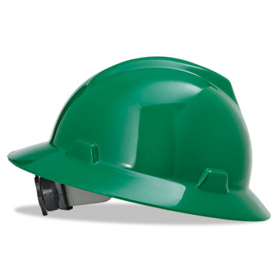 MSA V-Gard Full-Brim Hard Hats, Ratchet Suspension, Size 6 1/2 - 8, Green MSA475370 454-475370
