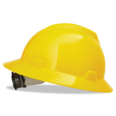 MSA V-Gard Full-Brim Hard Hats, Ratchet Suspension, Size 6 1/2 - 8, Yellow MSA475366 475366
