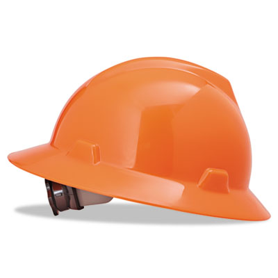 MSA V-Gard Full-Brim Hard Hats, Ratchet Suspension, Size 6 1/2 - 8, High-Viz Orange MSA10021292 454-10021292