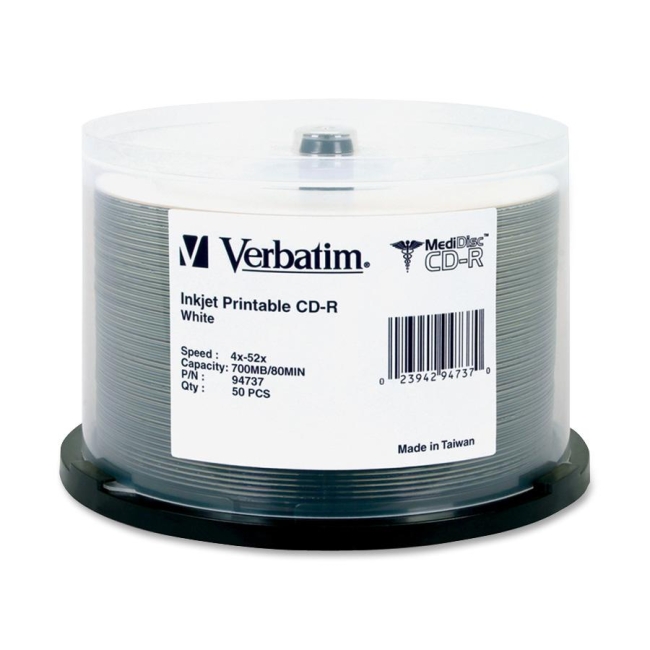 Verbatim MediDisc CD-R 80MIN 700MB 52x White Inkjet Printable 50pk Spindle 94737