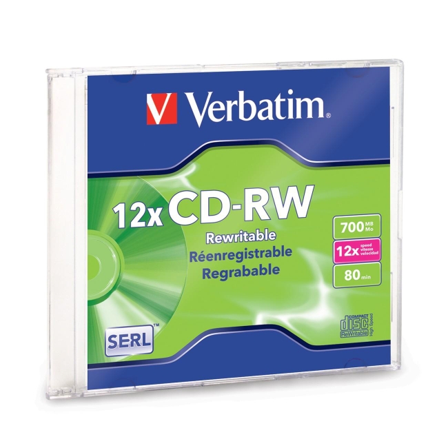 Verbatim CD-RW 80MIN 700MB 4x-12x High Speed Branded 1pk Slim Case 95161