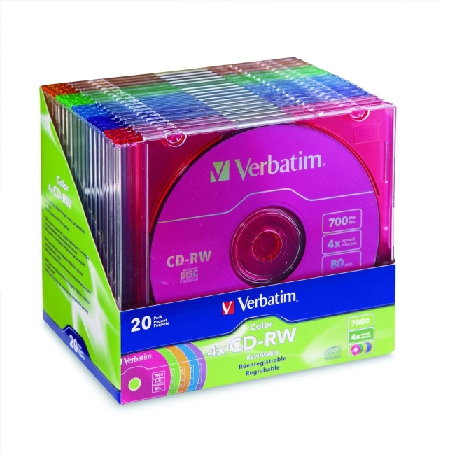 Verbatim CD-RW 80MIN 700MB 2x-4x Color 20pk Matching Color Slim Cases 94300