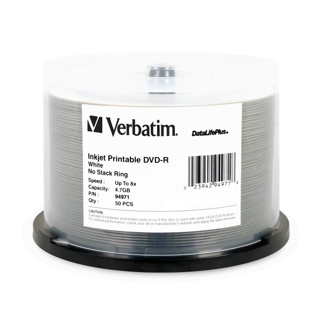 Verbatim DVD-R 4.7GB 8x DataLifePlus White Inkjet Printable 50pk Spindle 94971