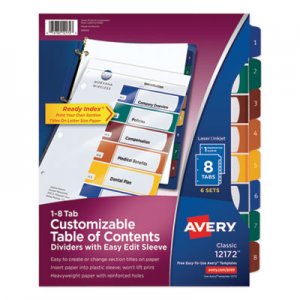 Avery Ready Index Customizable Table of Contents, Asst Dividers, 8-Tab, Ltr, 6 Sets AVE12172 12172