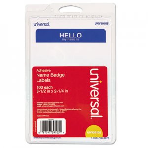 Genpak "Hello" Self-Adhesive Name Badges, 3 1/2 x 2 1/4, White/Blue, 100/Pack UNV39105