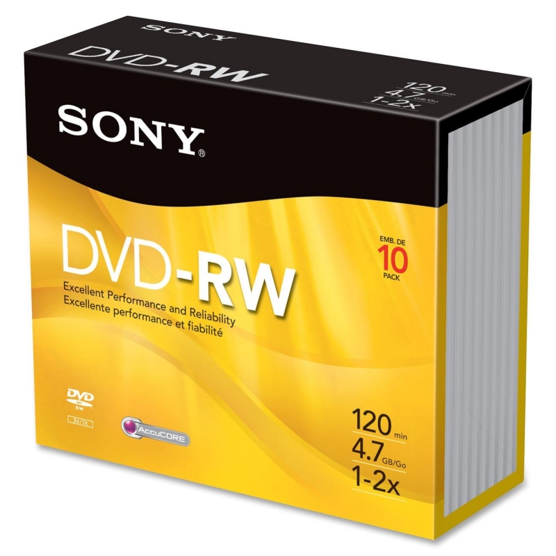 Sony DVD-RW, 2X Max Speed, 4.7GB, 10/PK, Branded Surfaces 10DMW47SS SON10DMW47SS