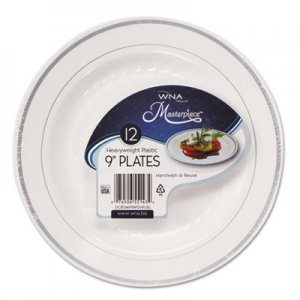 WNA Masterpiece Plastic Dinnerware, White/Silver, 9", 10/Pack WNARSM91210WSPK RSMP91210WSLV