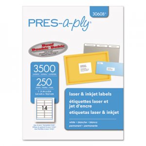 PRES-a-ply Laser Address Labels, 1 1/3 x 4, White, 3500/Box AVE30608 30608