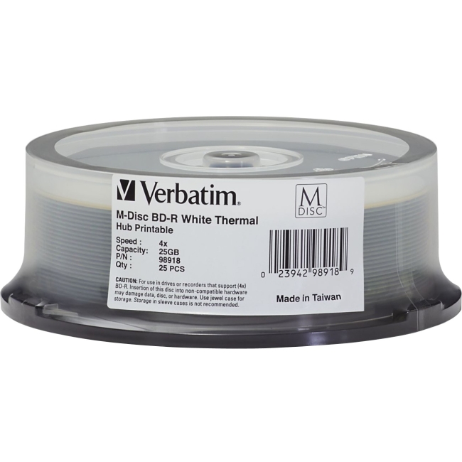 Verbatim M-Disc BD-R 25GB 4X White Thermal Printable, Hub Printable - 25pk Spindle 98918