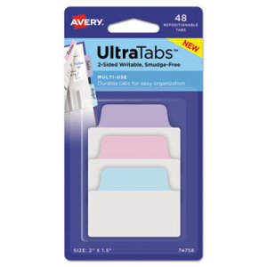 Avery Ultra Tabs Repositionable Tabs, 2 x 1.5, Pastel: Blue, Pink, Purple, 48/PK AVE74758 74758