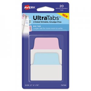 Avery Ultra Tabs Repositionable Tabs, 2 x 1 3/4, Pastel: Blue, Pink, 20/Pack AVE74766 74766