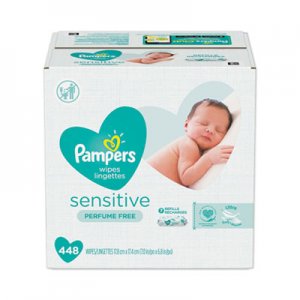 Pampers Sensitive Baby Wipes, White, Cotton, Unscented, 64/Pouch, 7 Pouches/Carton PGC19513CT 10037000195136