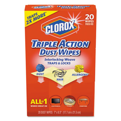 Clorox Triple Action Dust Wipes, White, 8 1/2 x 7, 20/Box CLO31313EA 31313EA