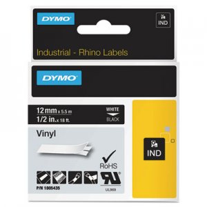 DYMO Rhino Permanent Vinyl Industrial Label Tape, 1/2" x 18 ft, Black/White Print DYM1805435 1805435