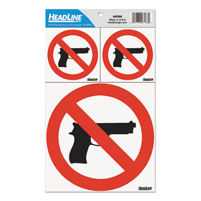 Headline Sign Self-Stick No Guns Decal, (2) 3 X 3 (1) 6 X 6, Red/White USS6096