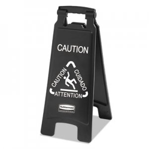 Rubbermaid Commercial Executive 2-Sided Multi-Lingual Caution Sign, Black/White, 10 9/10 x 26 1/10 RCP1867505 1867505