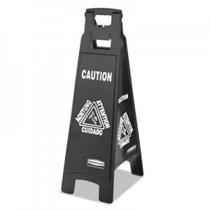 Rubbermaid Commercial Executive 4-Sided Multi-Lingual Caution Sign, Black/White, 11 9/10 x 38 RCP1867509 1867509