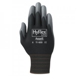 AnsellPro HyFlex Lite Gloves, Black/Gray, Size 10, 12 Pairs ANS1160010BK 11-600-10-BK