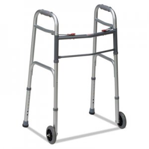 DMI Two-Button Release Folding Walker with Wheels, Silver/Gray, Aluminum, 32-38"H BGH80210450600 80210450600