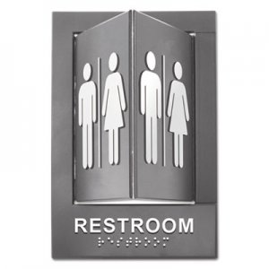 Advantus Pop-Out ADA Sign, Restroom, Tactile Symbol/Braille, Plastic, 6 x 9, Gray/White AVT91098 91098