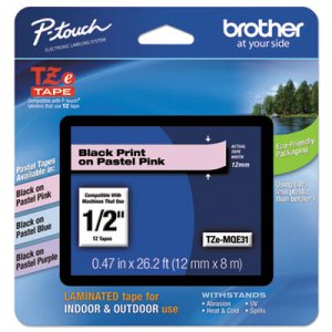 Brother P-Touch TZ Standard Adhesive Laminated Labeling Tape, 1/2"w, Pastel Pink BRTTZEMQE31 TZEMQE31