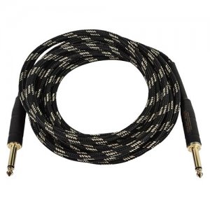 Monoprice 15ft Cloth Series 1/4 inch TS Male 20AWG Instrument Cable - Black & Gold 601415
