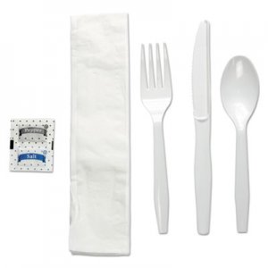 Boardwalk Six-Piece Cutlery Kit, Condiment/Fork/Knife/Napkin/Teaspoon, White, 250/Carton BWKFKTNSMWPSWH FKTNSMWPSWH