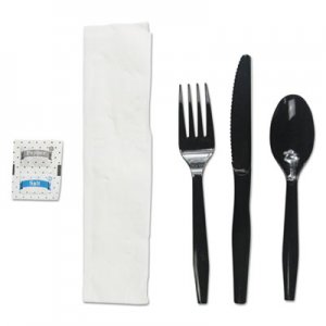 Boardwalk Six-Piece Cutlery Kit, Condiment/Fork/Knife/Napkin/Teaspoon, Black, 250/Carton BWKFKTNSMWPSBLA FKTNSMWPSBLA