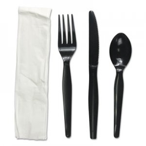 Boardwalk Four-Piece Cutlery Kit, Fork/Knife/Napkin/Teaspoon, Black, 250/Carton BWKFKTNMWPSBLA FKTNMWPSBLA