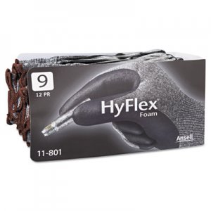 AnsellPro HyFlex Foam Gloves, Dark Gray/Black, Size 9, 12 Pairs ANS118019 11801L